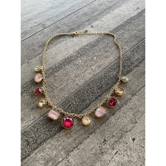 Necklace Fashion Gold Tone Chain Pink Clear Rhinestone 16”+ 3” - Picture 3 of 8